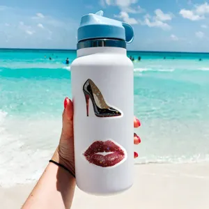 Stainless steel water bottle with stylish high heel and red lip stickers for daily outdoor use.