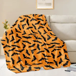 Halloween bat print flannel blanket cozy orange soft throw blanket for couch bed home decor