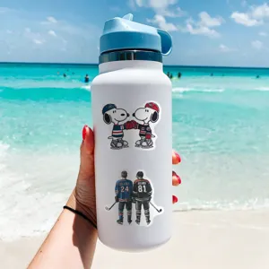White stainless steel water bottle with ice hockey Snoopy stickers waterproof cup deco