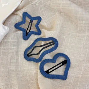 Schattige denim blauwe haarspeldjes set met ster, hart en golvende vormen voor dagelijkse stijl.