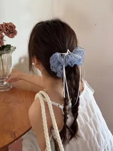 Vue détaillée de chouchou en dentelle douce avec ruban nœud et pois pour un style quotidien.