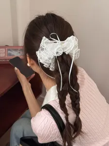 Chouchou en dentelle douce style coréen avec ruban nœud blanc élégant pour les femmes