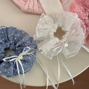 Chouchou de cheveux en dentelle douce style coréen avec joli nœud ruban à pois pour femmes