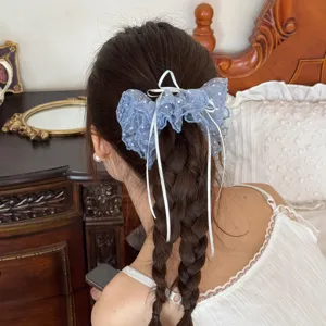 Chouchou de cheveux en dentelle douce style coréen avec nœud et pois pour femmes charmantes.