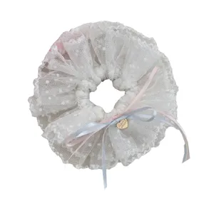 Chouchou de cheveux en dentelle blanche style coréen avec de jolis rubans et pois mignons.
