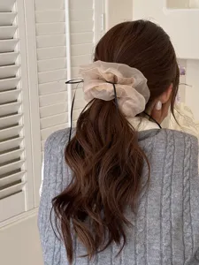 Dettaglio dello scrunchie in rete stile balletto con nastro nero, elegante accessorio in organza.