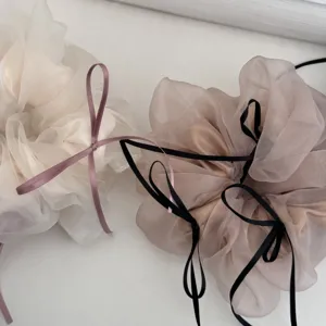Dettaglio ravvicinato dello scrunchie in tulle trasparente con delicati nastri per capelli.