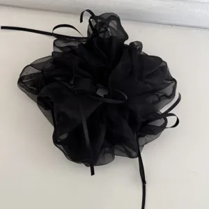 Vista dettagliata del elastico in organza nera, elegante accessorio per capelli a chignon.