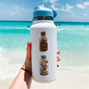 White stainless steel water bottle with aesthetic witchcraft potion bottle stickers beach background