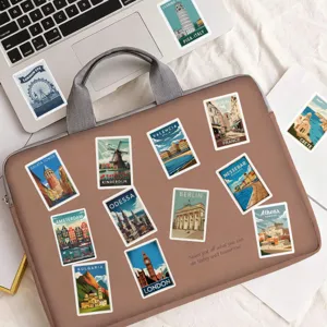 Vintage European travel city landmarks decorative stickers, retro poster design for journal.