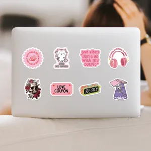 Pink bookish aesthetic waterproof stickers for laptop, cute book lover vinyl decals set.