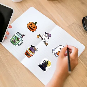 Cute Halloween stickers featuring ghosts and pumpkins, waterproof decorative decals for cups.