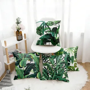 Tropical plant printed pillowcase set, modern green leaf cushion cover for home decor.
