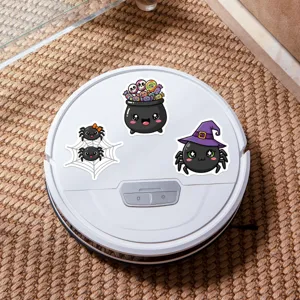 Cute Halloween stickers featuring spooky spiders and candy cauldrons for fun decoration.