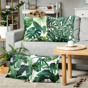 Tropical plant printed throw pillow covers lifestyle scene detail view for modern home decor