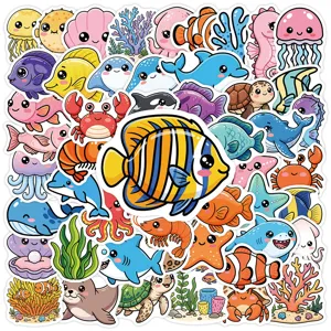 50pcs cute marine life waterproof stickers, perfect for water bottles, laptops, and DIY decor.