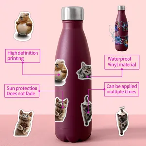 Cute animal waterproof stickers set featuring stainless steel insulated water bottle.