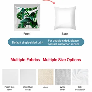 Tropical plant printed throw pillow cover with front and back view and various fabrics.