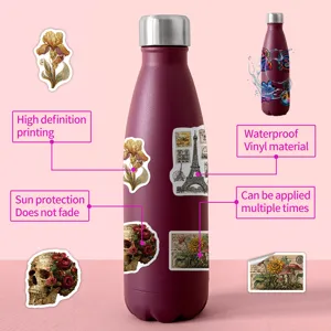 Vintage waterproof vinyl stickers set with insulated stainless steel water bottle decoration.