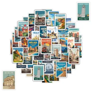 50pcs European travel city vintage landmark stickers, waterproof aesthetic planner decals.
