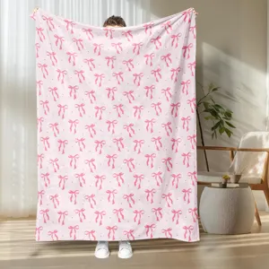 Pink bow print flannel blanket soft cozy throw blanket for home bedroom living room decor