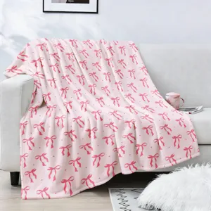 Pink Bow Print Flannel Blanket Soft Warm Cozy Fleece Throw Blanket For Sofa Bed Living Room Home Decor
