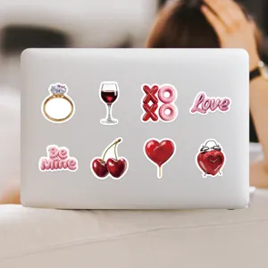 Valentine's Day waterproof decorative stickers detail showing various red and pink romantic designs.