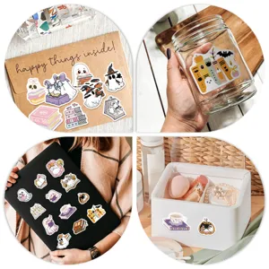 Detailed view of cute bookish ghost waterproof stickers for decorating bottles and laptops.