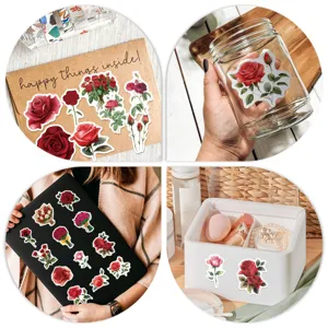 Detail showcase of waterproof red rose stickers applied to various daily lifestyle items.