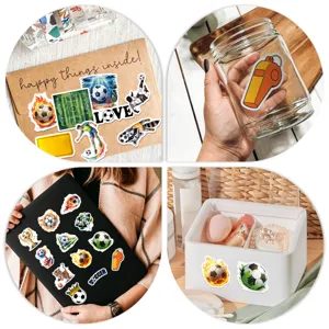 Detailed view of waterproof soccer graffiti stickers, perfect for laptops and bottles.