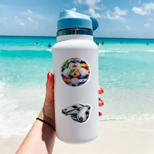 Durable white stainless steel water bottle decorated with sports soccer waterproof stickers.