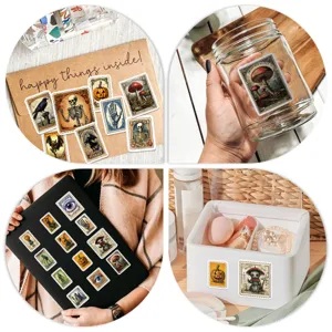 Detailed view of vintage Halloween stamp stickers applied on glass jar, laptop and box.