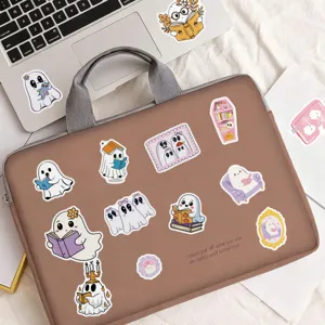 Cute bookish ghost waterproof stickers detail view, perfect for decorating water bottles and laptops.