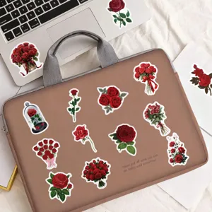 Detailed view of waterproof red rose stickers, perfect for decorating laptops and water bottles.