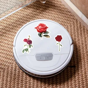 Close up view of decorative red rose stickers displayed on a clean white surface detail.