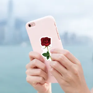 Red rose sticker detail view, waterproof vinyl decal for phone case and water bottle decoration.