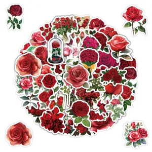 Red Rose Waterproof Vinyl Stickers 50 Pcs Cute Floral Decals For Water Bottle Laptop Phone Luggage Scrapbooking Crafts