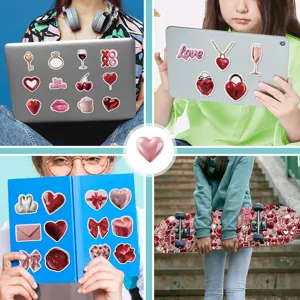 Waterproof Valentine's Day aesthetic stickers, red heart and bow decals for laptop.