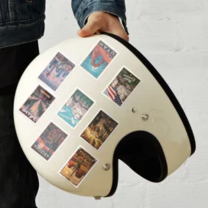 Vintage American city travel theme waterproof decorative stickers, detail view on retro helmet.