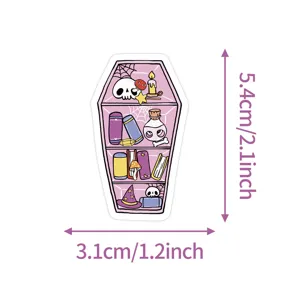 Cute pastel gothic coffin sticker with books and skulls, waterproof vinyl decal for laptop water bottle.