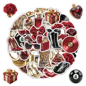 Luxury red and gold aesthetic stickers detail, waterproof holographic sparkle designs for decor.