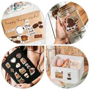 Waterproof coffee aesthetic stickers for laptop and water bottle, cute brown decals.