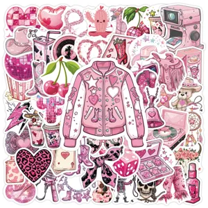 Pink cowgirl aesthetic stickers set, cute cartoon DIY waterproof vinyl decals for laptop.