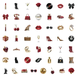 Red and gold glitter sticker detail view showcasing luxury fashion icons and decorative elements.