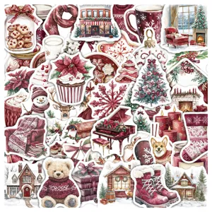 Detailed view of burgundy Christmas sticker collection with various holiday watercolor designs.