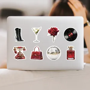 Red gold aesthetic glitter stickers set for laptop, water bottle, and phone decoration.