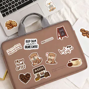 Detailed close-up of aesthetic coffee theme stickers set, waterproof vinyl decal for laptop.