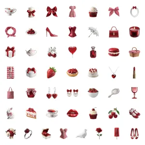 Red aesthetic stickers detail view, showing various cute grid and cherry icons for phone decor.