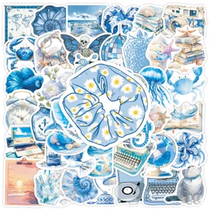 50pcs Blue Coastal Aesthetic Waterproof Stickers Vinyl Decals for Water Bottle Laptop