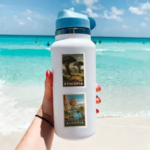 Waterproof travel stickers set, scenic adventure decals for water bottles, luggage, and phones.